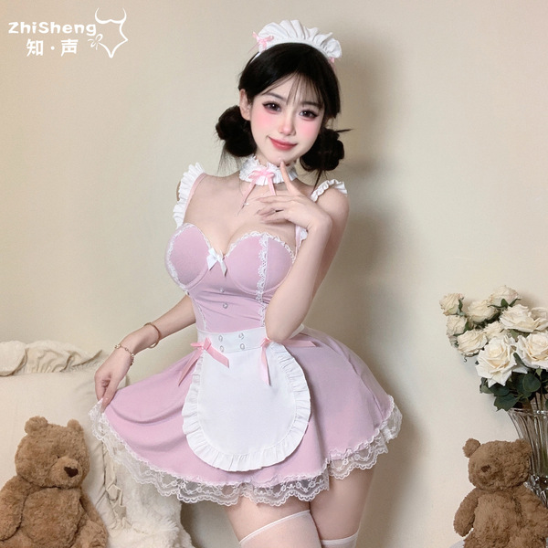 Sexy maid costume lingerie set featuring a charming pink dress with lace details, perfect for date night or role play.