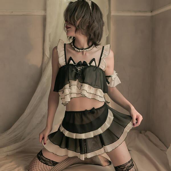 Sexy maid costume set featuring black lace lingerie and stockings, perfect for erotic sleepwear outfits.