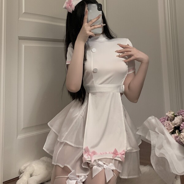 Sexy nurse costume set - lace-up hollow-out role play sleep dress for cosplay & adult fun
