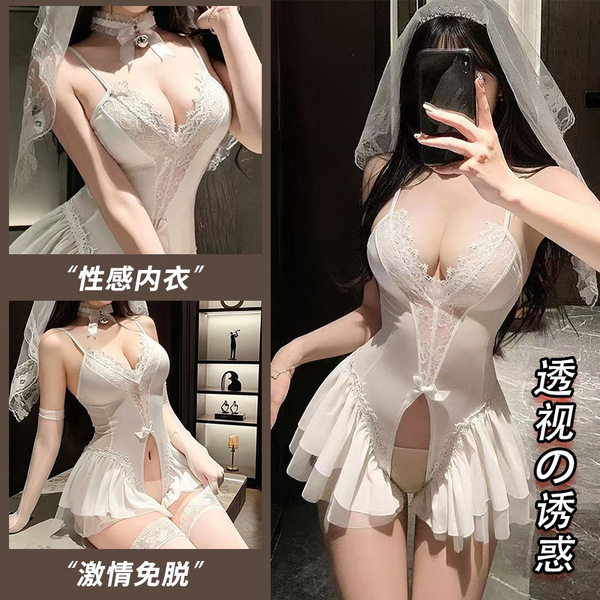 Sexy white bride bodysuit with lace, open-crotch design, and veil. seductive no-remove lingerie for bedroom passion.