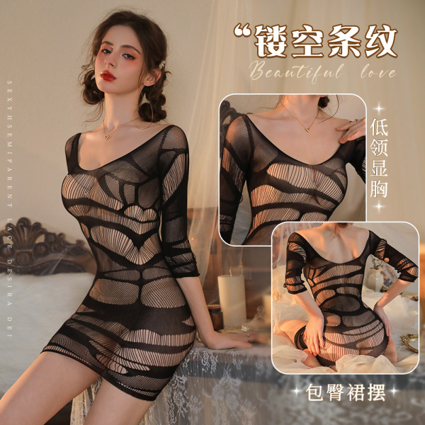 Woman modeling a black sheer mesh bodysuit with bold striped patterns, featuring a low neckline and hip-hugging fit.