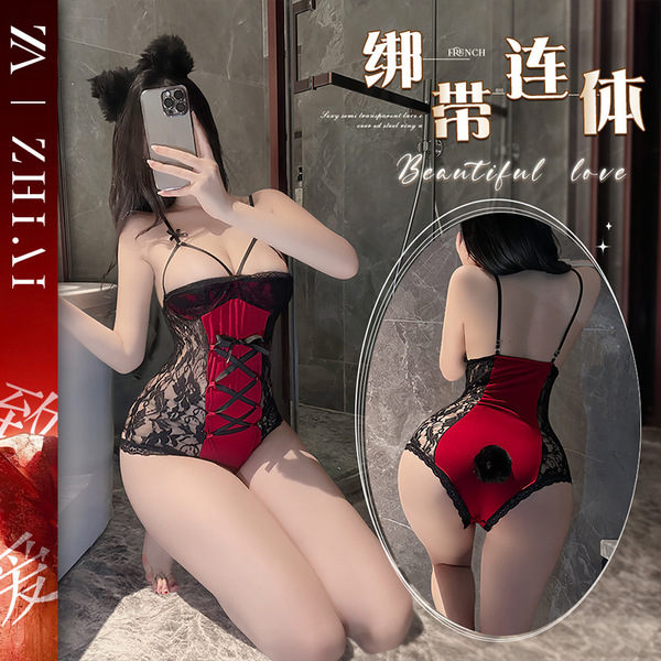 Sexy red lace bodysuit set - sheer vintage-themed costume with ties & strap details for new year eve