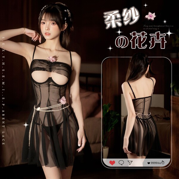 Woman modeling a sexy sheer lace sleep dress with underwire support, featuring floral accents and a seductive transparent des...