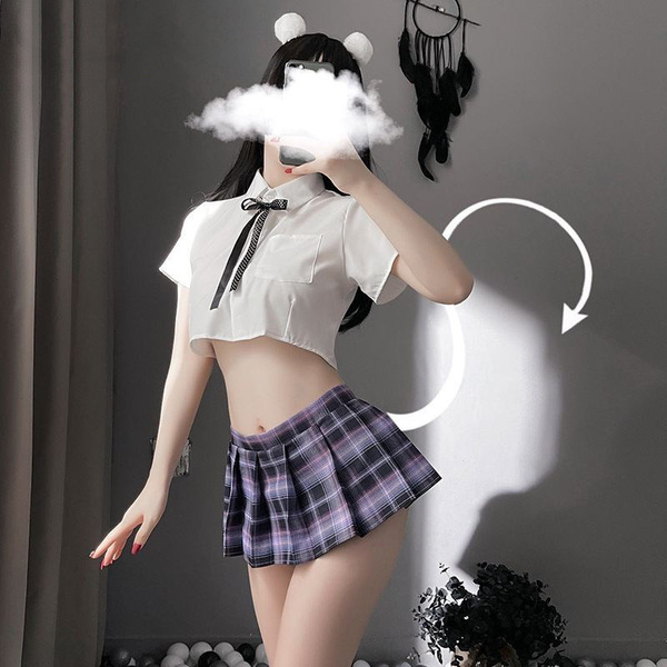 Sexy student role play outfit featuring a split-style pleated skirt and top set, perfect for small bust designs with flirty e...