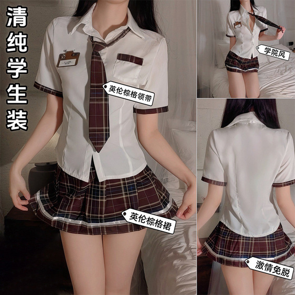 Sexy student uniform lingerie set - jk skirt outfit for role play, featuring a crisp white blouse with plaid tie and skirt co...