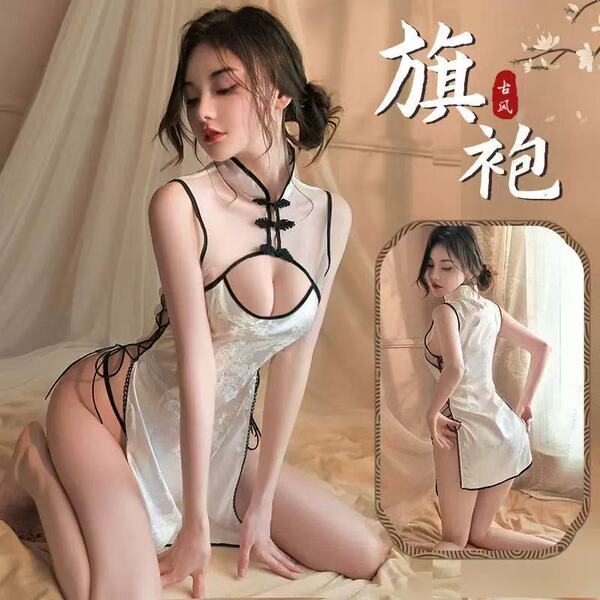 Sexy vintage qipao lingerie set - retro chinese-inspired role play outfit with side-tie straps