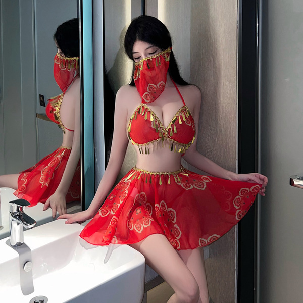 Red shimeisha chinese new year lingerie set featuring exotic dance-inspired design with guochao patterns, perfect for festive...