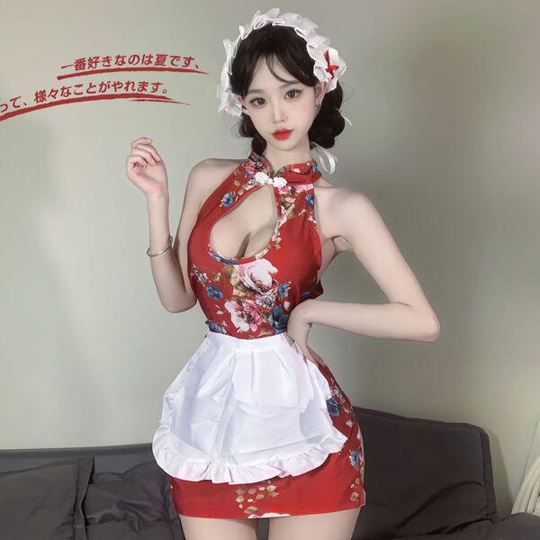 Elegant red floral chinese qipao with white apron, soft silk look, sensual design, perfect nightwear.