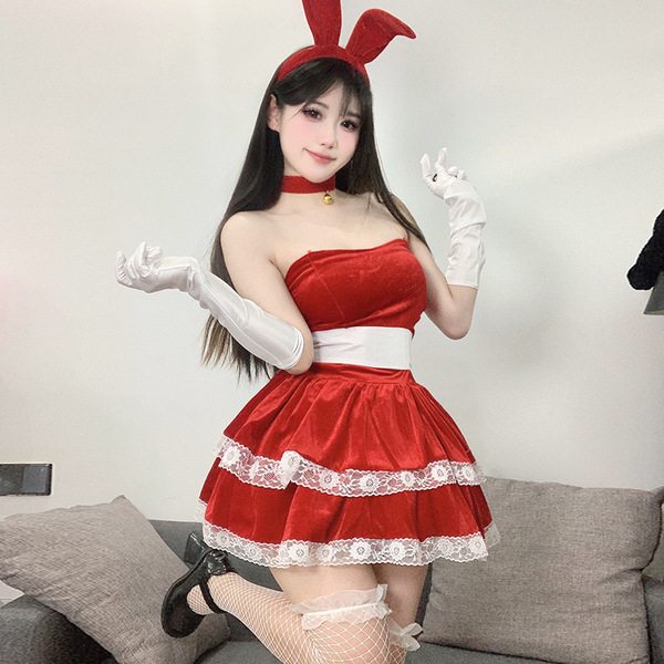 Sexy bunny girl costume set featuring a red dress with lace trim, bunny ears, gloves, stockings, and heels, perfect for chris...
