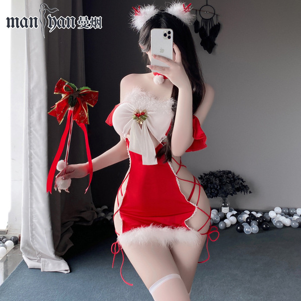 Sexy red bodysuit with strapless design, festive bow and fluffy details, perfect for holiday celebrations.