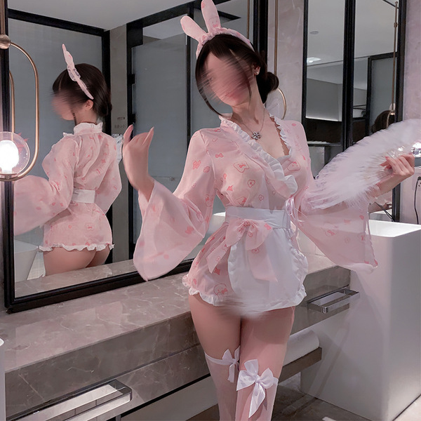 Candy pink bunny lingerie set featuring playful sweet girl aesthetic with bunny ears, butterfly print corset, and kimono wais...