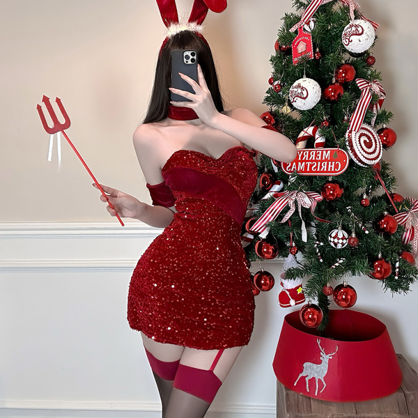 Sexy red sequined dress with devil horns and trident, perfect for christmas and valentines day costumes.