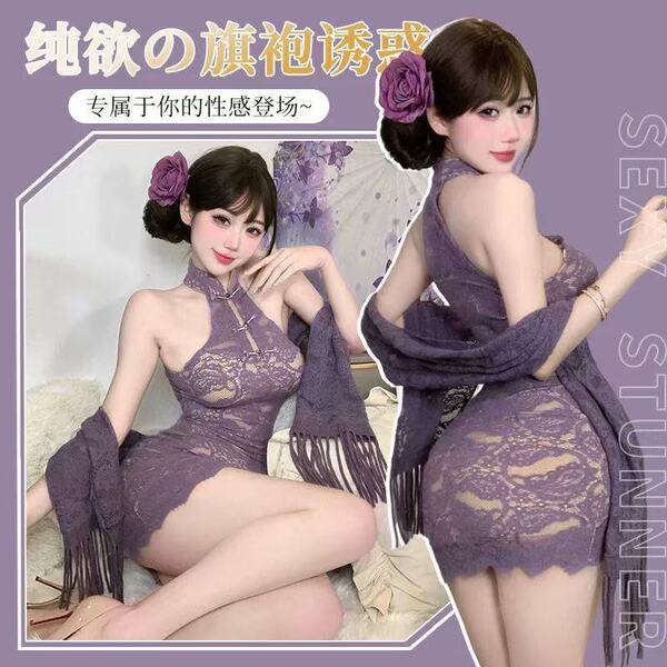 Woman modeling purple lace cherry romance lingerie set with floral hair accessory and matching shawl for date night.