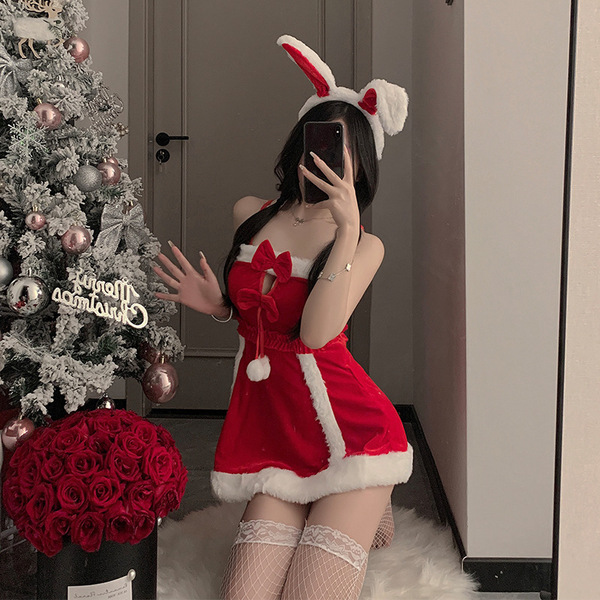 Sexy red christmas-themed velvet lingerie set featuring a festive sleep dress with bunny ears, perfect for new years eve role...