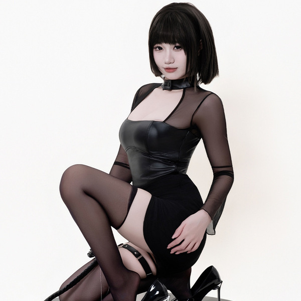 Sexy black mesh leather mini dress with sheer sleeves and thigh-high stockings, perfect for bold and alluring looks.