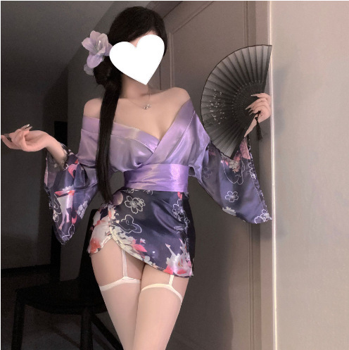 Domoira temptation lingerie set - deep v japanese kimono style cosplay outfit with floral fox dream design