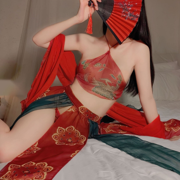 Woman wearing red dunhuang flying apsaras lingerie with sheer mesh, holding a fan, in imperial court style.