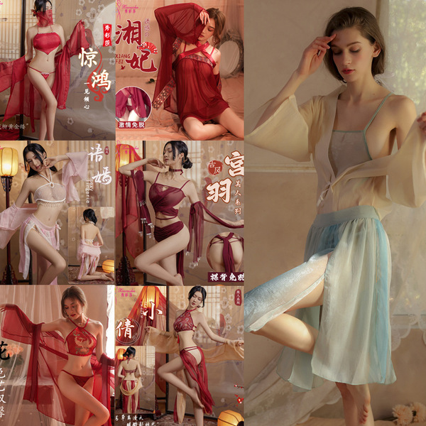 Dunhuang-inspired sheer lingerie set featuring elegant red and pink designs inspired by chinese hanfu, perfect for erotic sle...