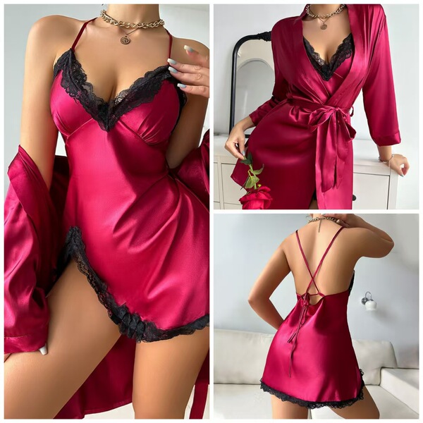 Sexy red satin sleep dress with black lace trim and matching robe, elegant two-piece loungewear set for women.
