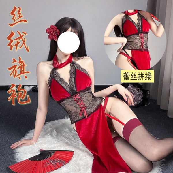 Exotic lace sheer high-waist split cheongsam costume set - rose dancer erotic lingerie outfit featuring
