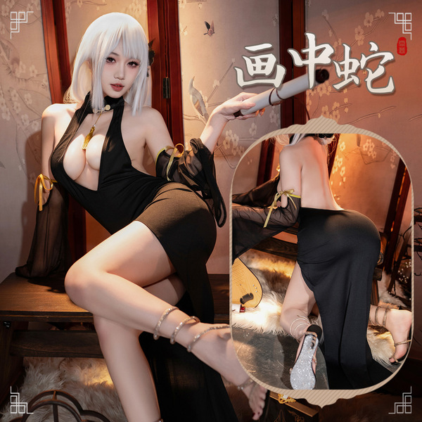 Feimu halloween lingerie dress - deep v-neck cheongsam style sensual sleepwear for women, showcased with elegant design and l...