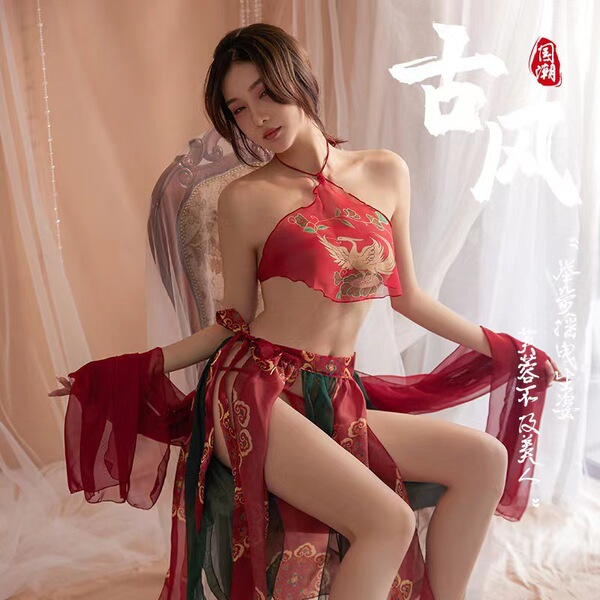 A woman wearing a red fly tian princess hanfu lingerie, featuring a seductive bodice and flowing silk skirt, embodies chinese...