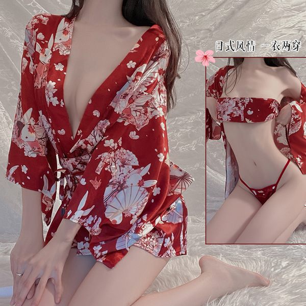 Japanese print kimono-style lingerie set featuring deep v design, perfect for intimate moments with its elegant floral patter...