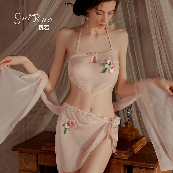 Glorious sensual summer lingerie set featuring sheer hanfu-inspired bodysuit, shorts, and shawl with floral embroidery.