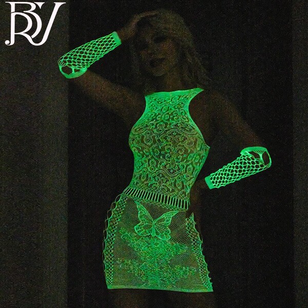 Glow-in-the-dark mesh two-piece dress set with uv-reactive lingerie design, featuring sexy no-remove style and butterfly deta...