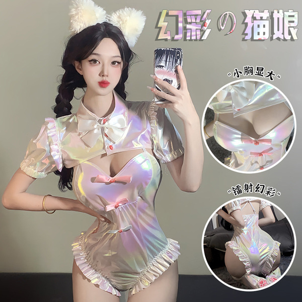 Iridescent holographic swimsuit with cat ears, backless design, playful and sexy style inspired by suger-chan.