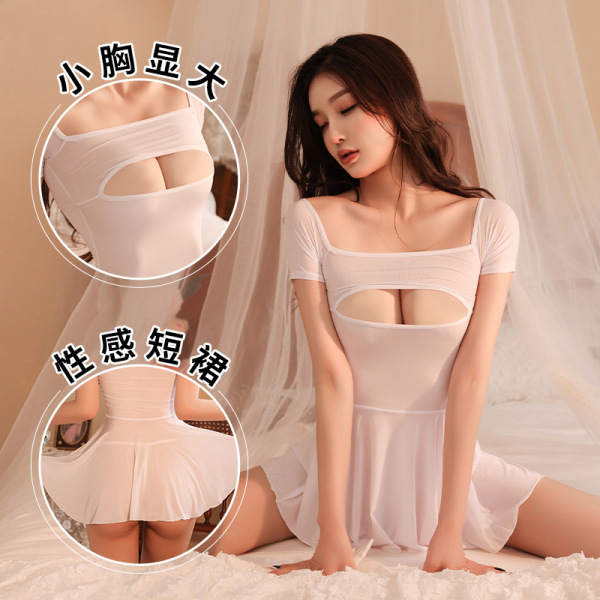 Woman modeling white ice silk transparent tight lingerie set with revealing chest cutout and sexy bodycon mini skirt.