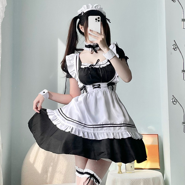 Japanese black and white maid dress with ruffled details, perfect for cosplay or lolita outfits. plus-size option available.