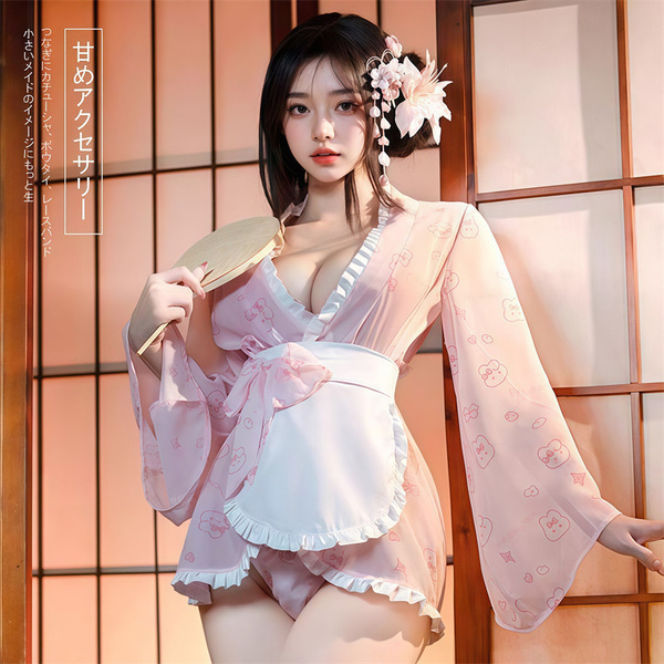 Japanese kawaii bunny kimono robe featuring sexy lace sleepwear with a bow and floral print, perfect for private wear.