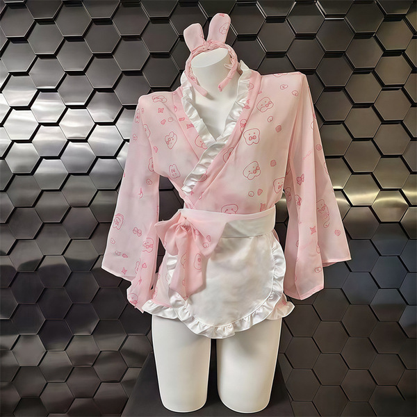 Japanese Kawaii Bunny Kimono Robe - Sexy Lace Sleepwear with Bow & Floral Print, Pure & Alluring Lingerie Set