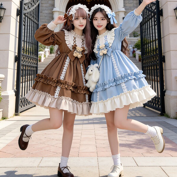 Two girls wearing charming new japanese lolita dresses, featuring cute kawaii details and soft skirts perfect for daily outfi...