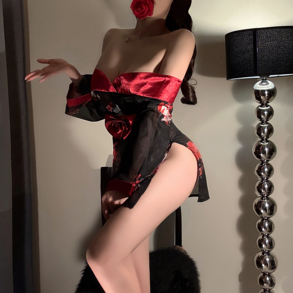 Japanese-style off-shoulder black floral kimono robe - sheer, hip-revealing roleplay bathrobe & cosplay cover-up, featuring e...