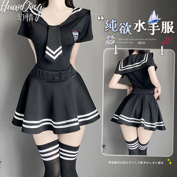 Japanese schoolgirl sailor uniform outfit featuring a black skirt with white stripes, perfect for student days.