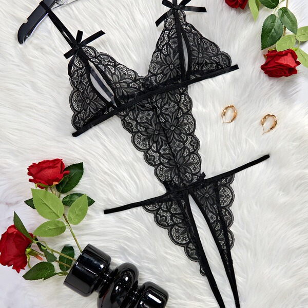 Luxury lace bodysuit with sheer design, full lace detailing, ultra-feminine and breathable erotic lingerie set.