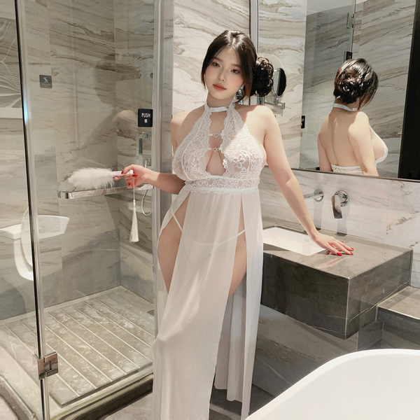 Elegant white lace nightgown featuring heart neck strap design, sheer mesh fabric, and side slits for a seductive look. perfe...