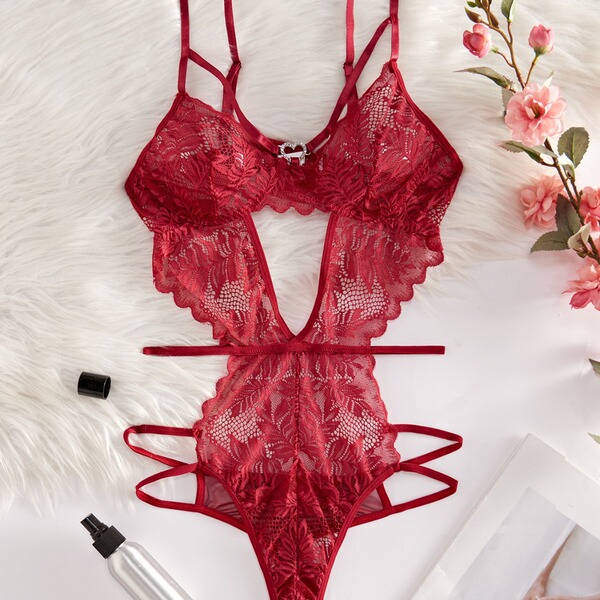 Red lace sheer bodysuit for women, european style erotic lingerie with intricate floral patterns and delicate straps.