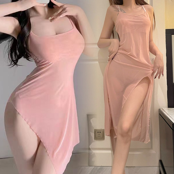 Sexy sheer mesh long nightgown with sensual skin-tone lace design, romantic sleep dress for women featuring elegant slits and...