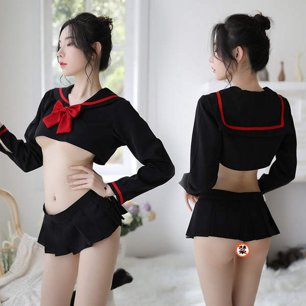 Sailor-themed long sleeve role play costume featuring a black top with red accents and matching skirt, perfect for photoshoot...