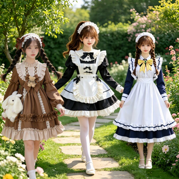 Three women wearing maid dresses stroll through a garden, showcasing sweet lolita styles with ruffles and bows. plus-size opt...