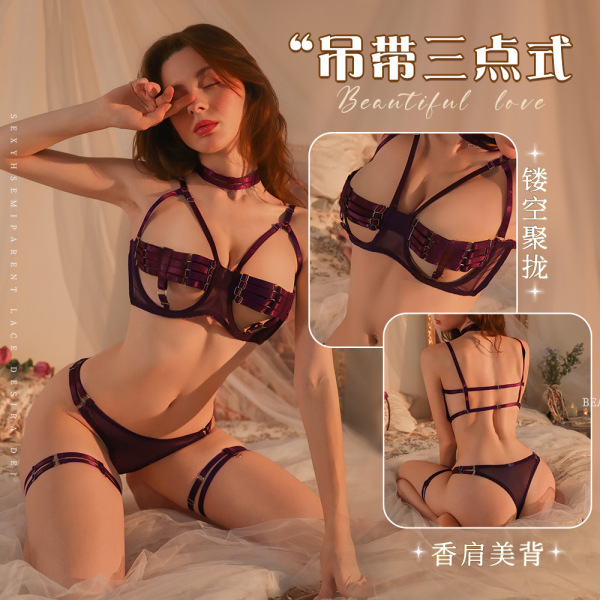 Woman modeling manny night lingerie set: sexy lace bra with underwire, halter neck, sheer cut-outs, matching panty.