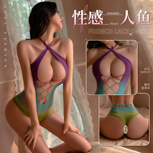 Woman modeling mannyan sexy mermaid bodysuit with gradient sheer mesh, halter neckline, and adjustable straps.