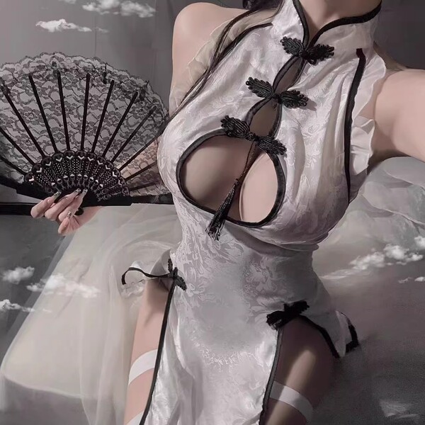 Vintage cheongsam style sheer mesh sexy outfit, elegant design with intricate details, perfect for a captivating look.