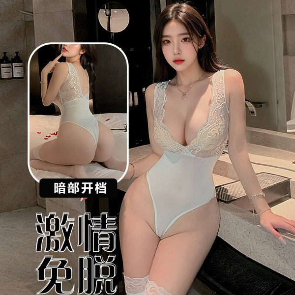 Sexy lace bodysuit with plunging neckline, perfect for intimate wear. ideal for women seeking elegant and provocative design.