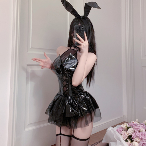 Mirror PU Lace-Up Halter Batwing Mini Skirt - Cosplay Devil Costume for Women