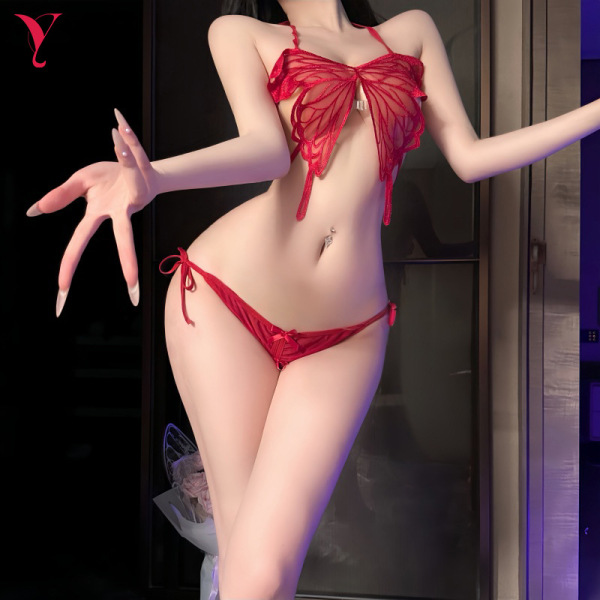 Woman modeling red butterfly lingerie set with tie-side bikini bottom and sheer bodice, perfect for night silk dance.