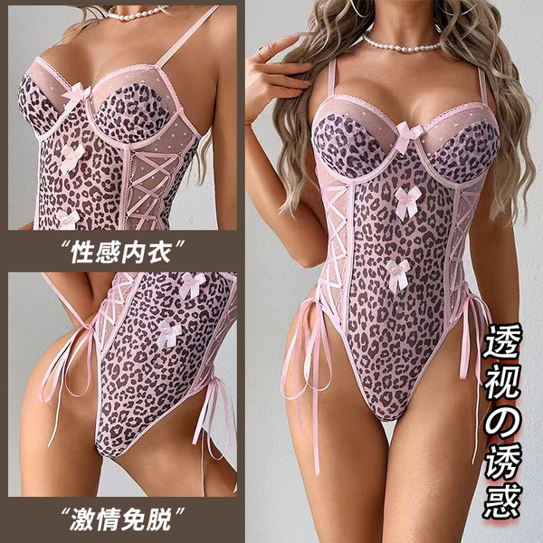 Pink Leopard Print Bodysuit for Women – Sexy Bow-Tie Front Party & Club Outfit,Europe and America-Style Lingerie